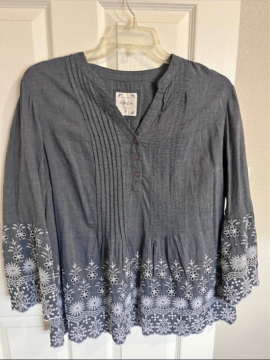 Style & Co. Tops - Style & Co. Indigo Blue Embroidered Peasant Tunic